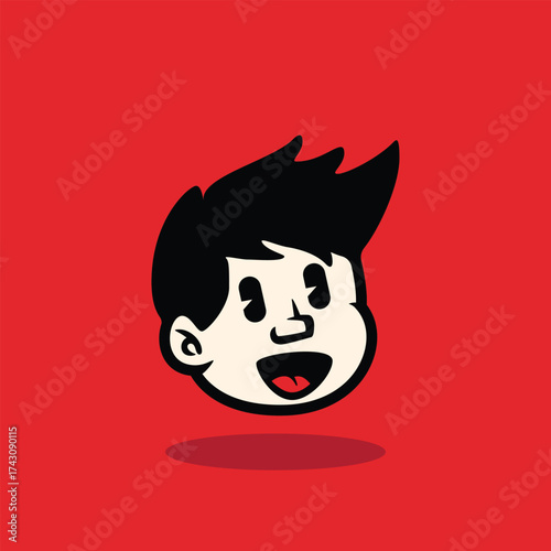 Cartoon boy face with messy spiky hair and neutral expression. Bold outline, flat vector style on red background. Perfect for mascot, avatar, sticker, and branding. EPS vector file