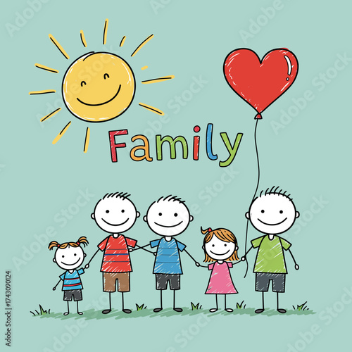 Happy Stick Figure Family Illustration with Smiling Sun, Heart Balloon, and 'Family' Text