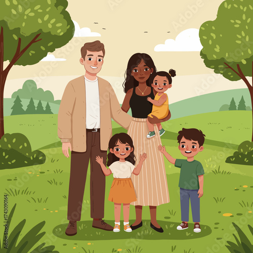 Happy Diverse Family Portrait in a Sunny Green Park