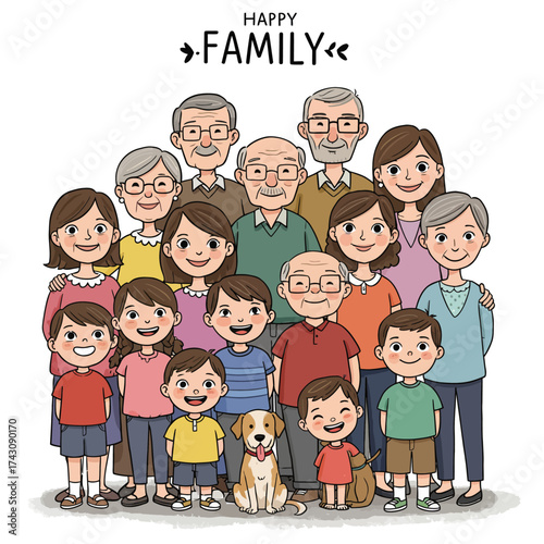 Large Happy Multi-Generational Family with Dog Illustration on White Background