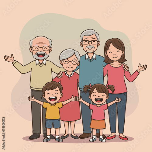 Happy Multi-Generational Family Portrait Illustration with Grandparents and Children