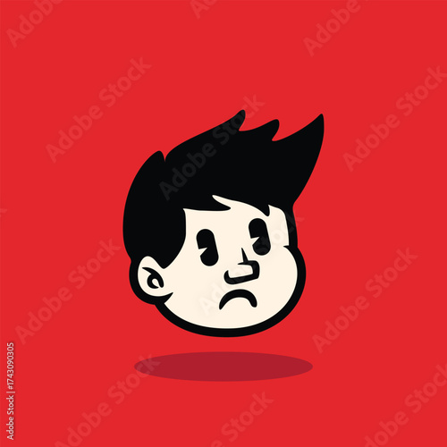 Cartoon boy face with messy spiky hair and neutral expression. Bold outline, flat vector style on red background. Perfect for mascot, avatar, sticker, and branding. EPS vector file