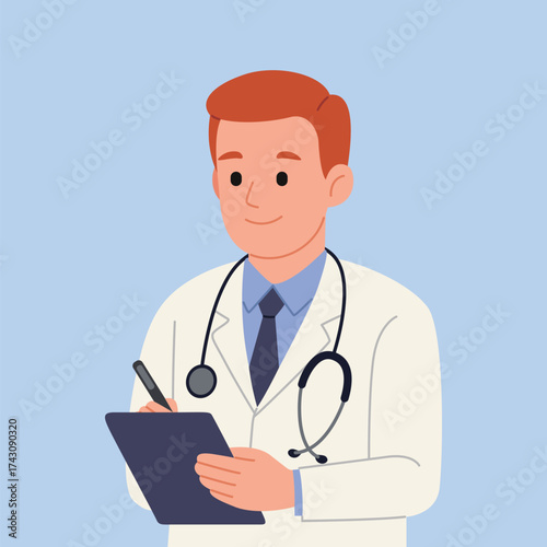 Male Doctor Holding Tablet, Digital Medical Record Concept Flat vector Illustration