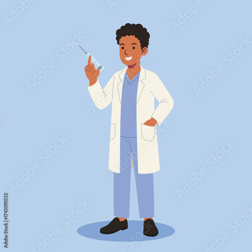 Male Health Worker Holding Vaccine Vial Syringe Preparing Injection, Medical Professional Flat Design Illustration