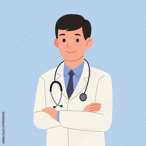 Confident Male Doctor with Arms Crossed, Professional Healthcare Flat Design Illustration