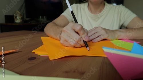 Video of young woman draws of colorful papers in the room at day time