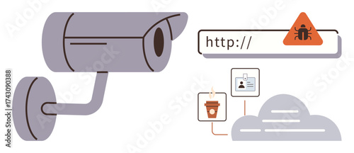 Surveillance camera, malware warning in browser bar, credentials, file cloud. Ideal for data security, cybercrime, online safety, hacking privacy monitoring vulnerability. Simple flat metaphor
