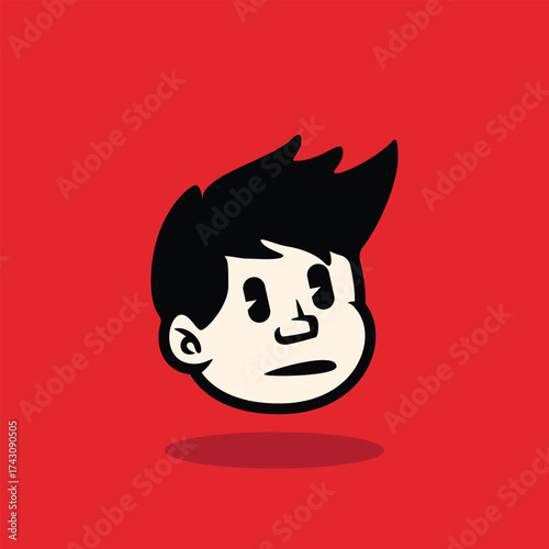 Cartoon boy face with messy spiky hair and neutral expression. Bold outline, flat vector style on red background. Perfect for mascot, avatar, sticker, and branding. EPS vector file