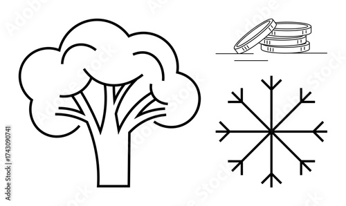Black outline tree, stacked coins, and snowflake icons representing nature, money, and seasons. Ideal for sustainability, environment, ecology finance economy seasonal changes climate. Simple
