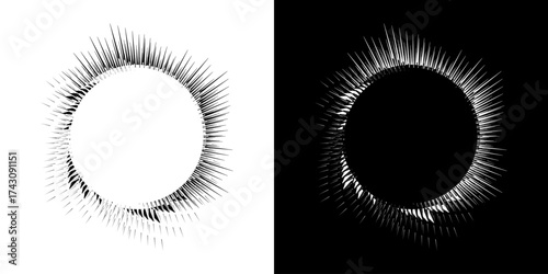 Dynamic abstract spiral sound wave rhythm lines. Circular spiral sound wave rhythm of lines. Circular futuristic abstract lines, black and white background.	
