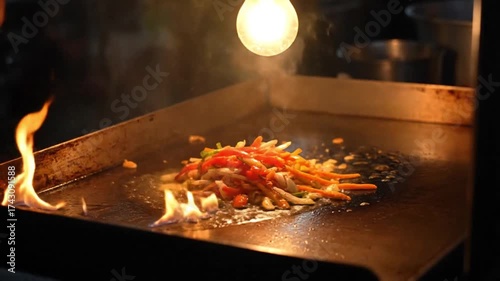 Cinematic close up of sizzling street food