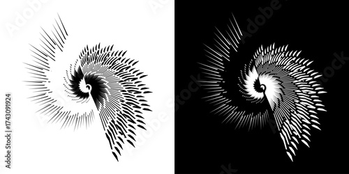 Dynamic abstract spiral sound wave rhythm lines. Circular spiral sound wave rhythm of lines. Circular futuristic abstract lines, black and white background.	

