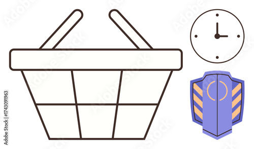 Empty shopping basket paired with clock and shield icon highlighting safety and efficiency. Ideal for online shopping, secure transactions, time management, retail concepts, digital commerce