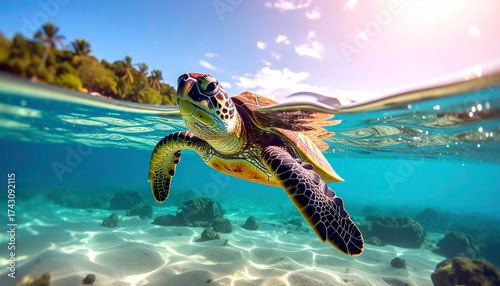 Turtles swim on the surface of the sea water