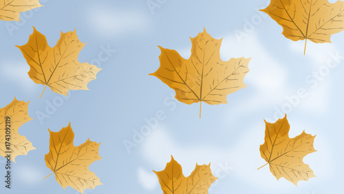 Autumn Leaves Floating Across a cloudy sky Background for Seasonal Nature and Fall Decor
