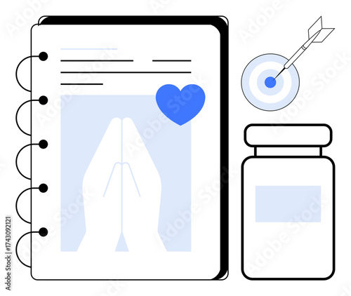 Open daily planner with praying hands, heart icon, medication bottle, and target with arrow. Ideal for wellness, goal setting, self-care, spirituality, health mindfulness simple flat metaphor