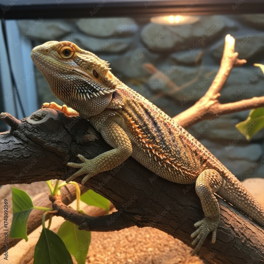 Fototapeta premium Bearded Dragon Lizard Perched on a Branch in a Terrarium.