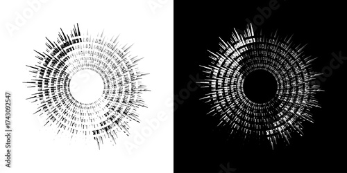 Dynamic abstract spiral sound wave rhythm lines. Circular spiral sound wave rhythm of lines. Circular futuristic abstract lines, black and white background.	
