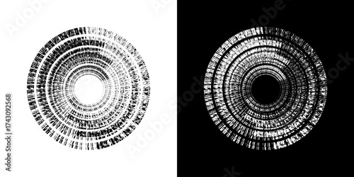Dynamic abstract spiral sound wave rhythm lines. Circular spiral sound wave rhythm of lines. Circular futuristic abstract lines, black and white background.	
