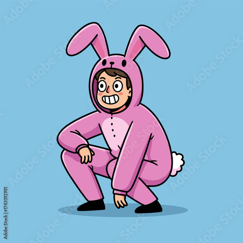 Person in pink bunny costume squatting playfully with big smile and wide eyes, on blue background.