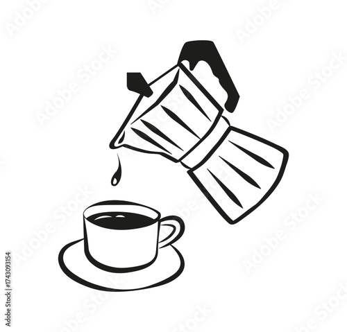 Moka pot pouring coffee into cup – symbol of Italian tradition and conviviality
