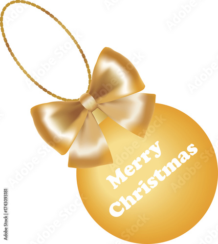 Golden Christmas Ornament Ball with Ribbon and "Merry Christmas" Text