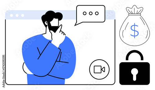 Man in video call with thought bubble, dollar bag, and padlock representing decisions, finance, and security. Ideal for technology, business, remote work, online meetings finance security