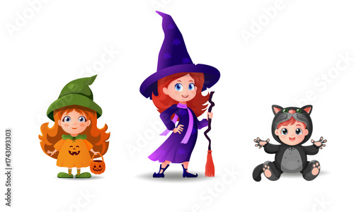 Adorable children in Halloween costumes, little witch, pumpkin girl, and baby black cat. Cartoon character in a pumpkin costume holds a pumpkin-shaped bag. Perfect for posters, cards, and decorations