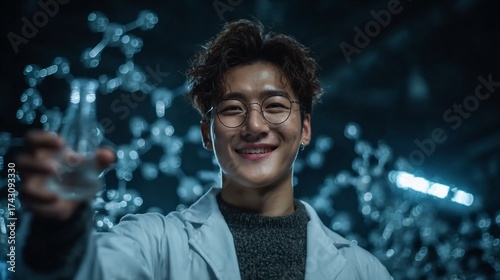 Young smiling scientist presenting a breakthrough in a modern laboratory with molecular structures