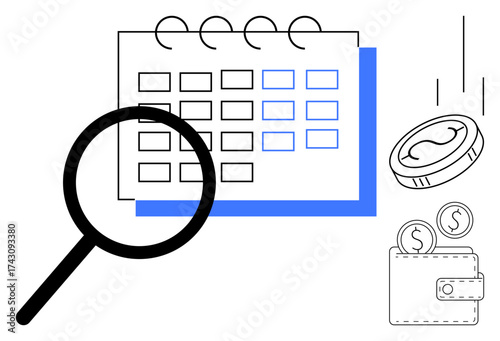 Magnifying glass over calendar, coins, wallet, and falling coin icon represent financial planning, budgeting, time management, investment analysis, expense tracking, saving strategies simple flat