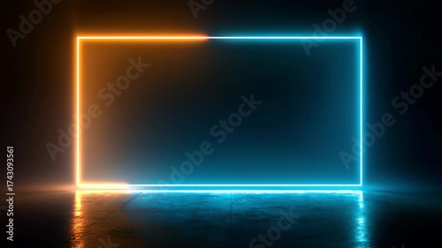 Looping animation of glowing neon square with reflections on dark surface, futuristic design.