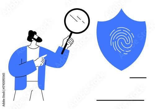 Man holding magnifying glass pointing at shield with fingerprint, representing analysis, security, identity verification. Ideal for technology, investigation, safety, authentication, research