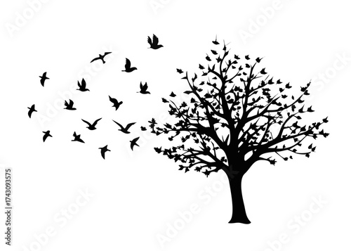 tree silhouette with birds flying
