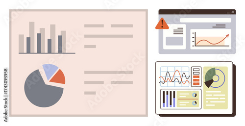Bar graph, pie chart, data-filled dashboards with alert symbol highlight analytics, reporting, and decision-making. Ideal for business, statistics, marketing, finance strategy research simple flat