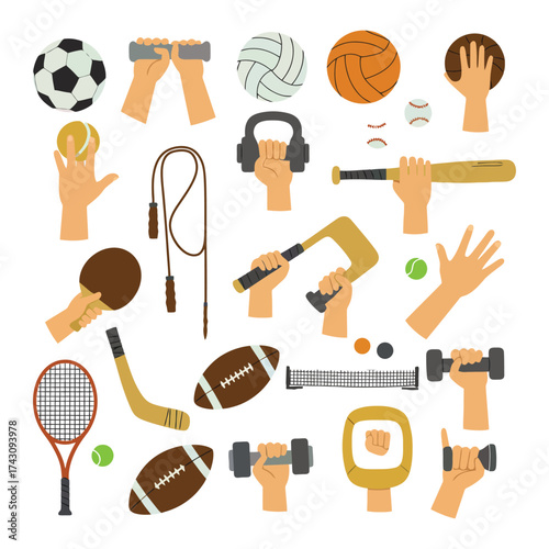 Collection of various sports equipment and accessories for recreational activities.