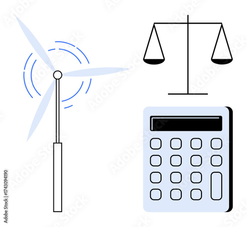 Wind turbine, calculator, and scale balance signify renewable energy, financial analysis, and equity. Ideal for sustainability, law, finance, energy environment business decision-making concepts