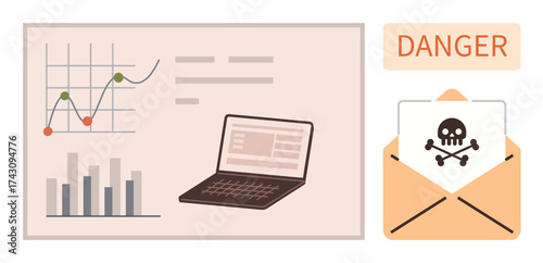 Email with skull and crossbones, laptop, bar and line graphs signal cybersecurity threats and sensitive data issues. Ideal for cybersecurity, phishing, danger, risk, data protection themes in simple