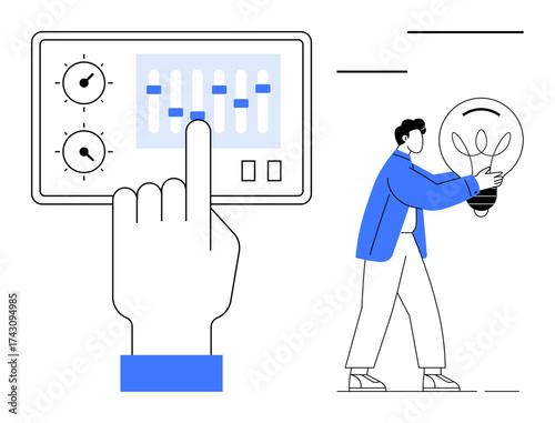 Hand interacting with control panel featuring sliders and dials while person carries lightbulb. Ideal for innovation, creativity, problem-solving, idea generation, energy, technology, optimization