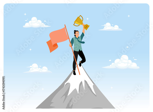Business leaders achieve business targets with trophies and victory flags.