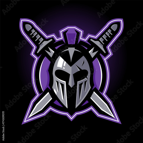 Spartan warrior with two swords in a circle mascot logo