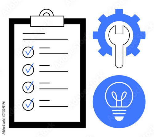 Black clipboard with checklist, blue gear and wrench, and light bulb. Ideal for planning, strategy, innovation, optimization, maintenance, workflow efficiency and simple landing page