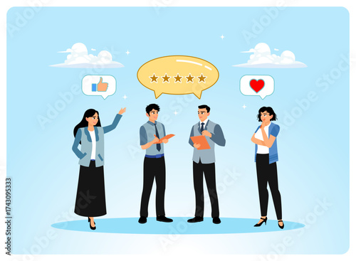 The business team discusses and evaluates the ratings and positive feedback.