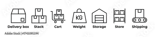From Storage to Shipping Icons set vector illustration with Delivery box, Stack, Cart, Weight, Storage, Store, Shipping