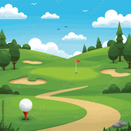 Golf ball on tee ready to be hit on golf course.