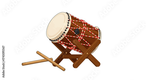 Traditional Drum Instrument with Wooden Stand and Sticks Isolated on White Background
