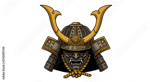 Japanese Samurai Warrior Mask Illustration with Golden Details on White