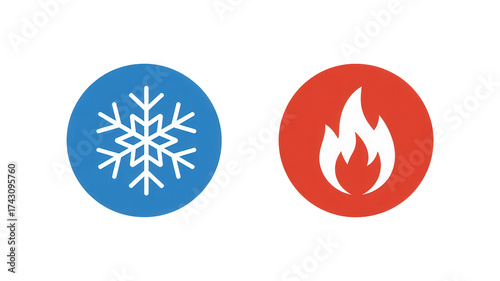 Simple contrasting icons representing cold snowflake and hot flame 