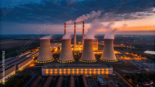 Power plant energy production industrial complex skyline at dusk with cooling tower steam and warm light