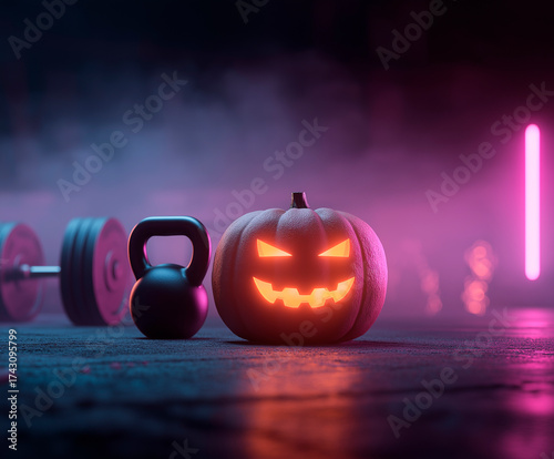 Jack-o'-lantern with gym equipment in fog.