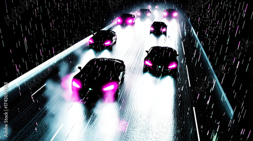 Urgent pursuit scene with multiple cars driving in rain, illuminated by vibrant pink headlights, creating dramatic atmosphere